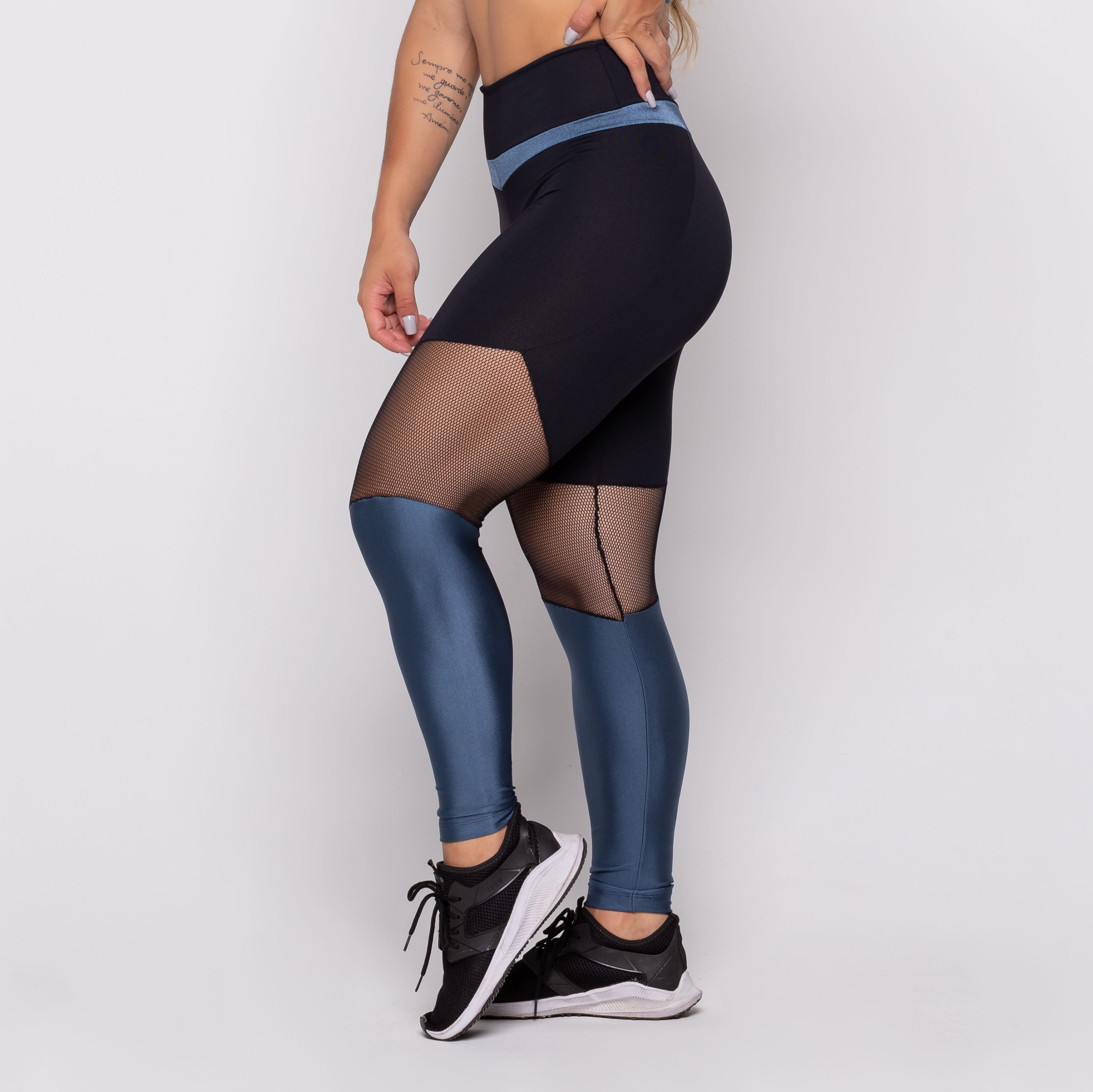 Calça Legging Fitness Azul com Tela