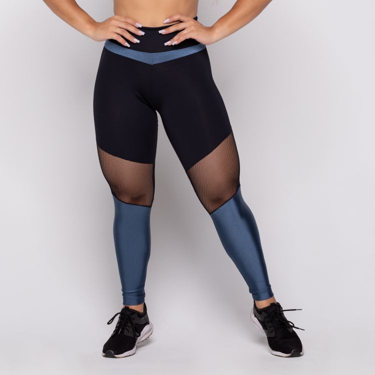 Calça Legging Fitness Azul com Tela