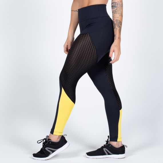Calça Legging Fitness Preto com Recorte Amarelo
