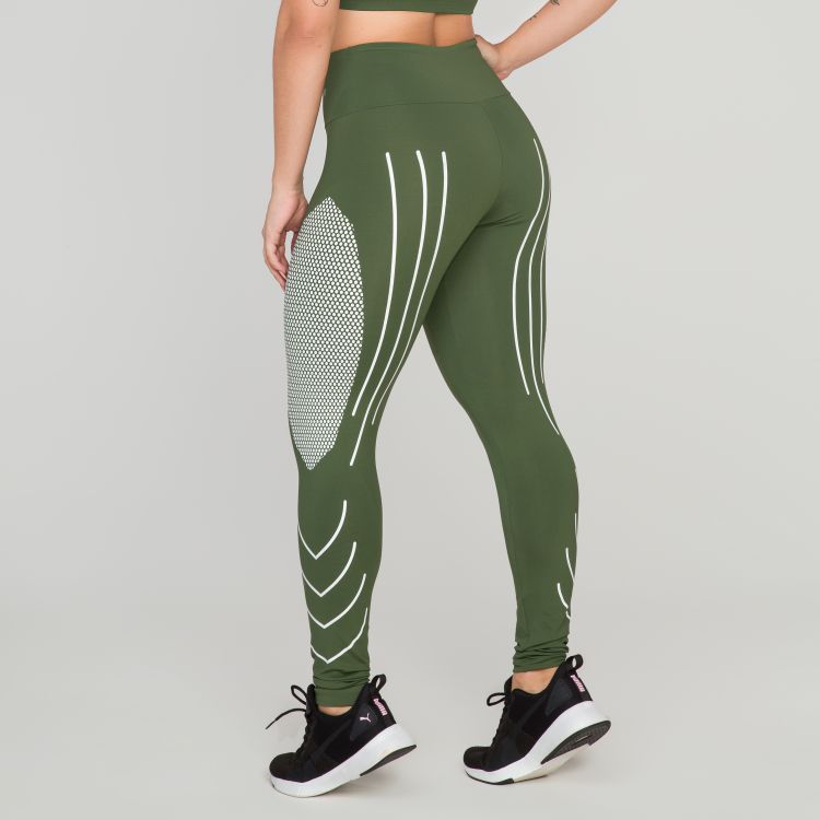 Calça Legging Fitness Compressão Verde Militar com Branco