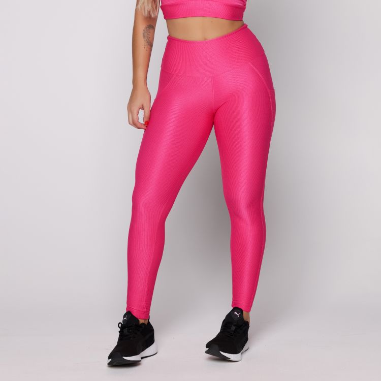 Calça Legging Fitness Canelada Com Bolso na Lateral Rosa Pink